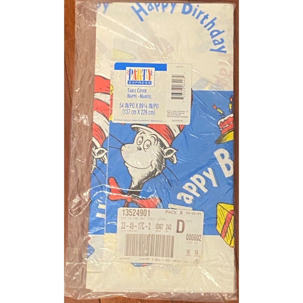 VTG New CAT IN THE HAT Birthday PAPER TABLECLOTH 54" X 89" DR SUESS USA Made '99